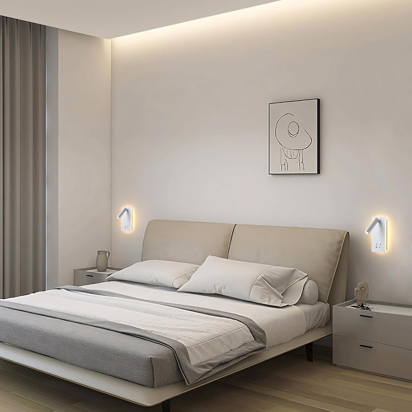 MOLUOLA LED Wall Lamp Wall Mounted Reading Lights, Adjustable Headboard Plug in Wall Sconce with USB C+A Ports, Headboard Bedside Lamp with 9W+3W Night Light 3000K (White)
