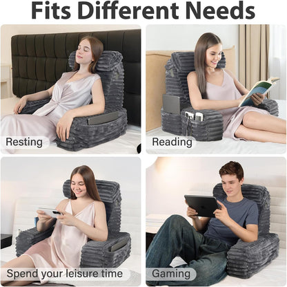 ENITYA 22" XL Back Pillow for Bed Sitting Up with Armrests & Big Pockets | Reading Pillow for Bed, Soft Back Support Chair, Ideal for Watching TV, Gaming, Nursing, Resting, Post Surgery, Dark Grey