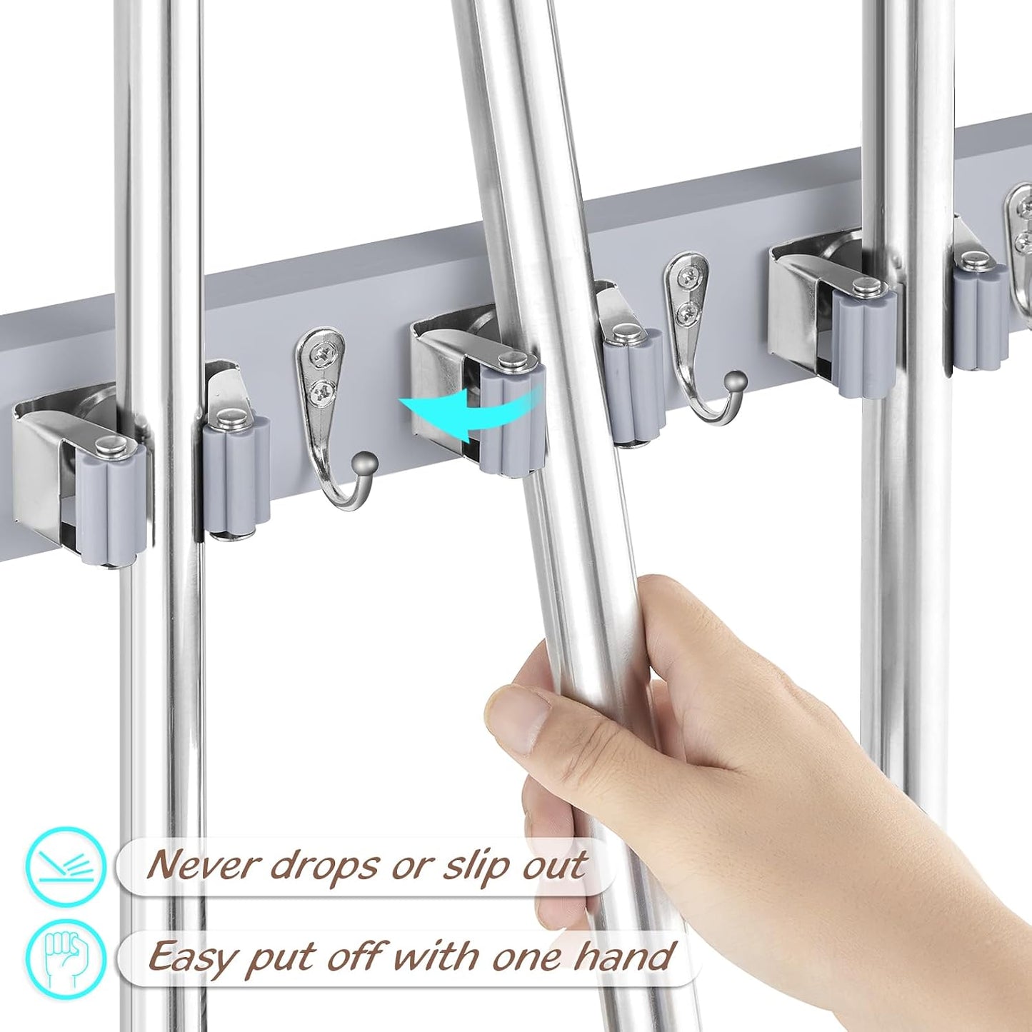 OUTNILI Mop and Broom Holder Wall Mount - Wood Broom Mop Hanger - Wall Mounted Garden Tool Rack Organizer for Closet Garage Laundry Room, Rustic Kitchen Decor With 4 Slots & 4 Hooks