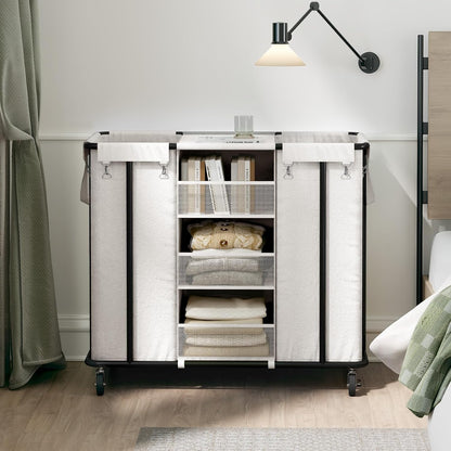 WOWLIVE Laundry Sorter 2 Section, 200L Rolling Laundry Hamper with Wheels | Laundry Cart with Steel Frame, Laundry Basket with Hanging and Removable Bag, Storage Unit Basket Organizer for Dorm, Beige