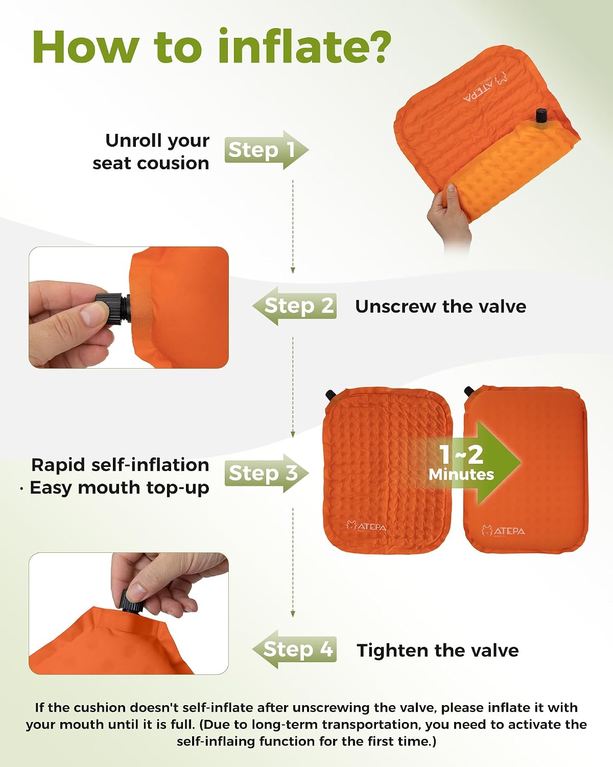ATEPA Inflatable Seat Cushion | 2" & 2.5" foam core seat pad, Self inflating, Compact, Stadium, Airplane, Travel, Camping, Hiking, Sports events