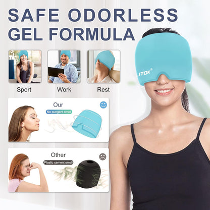 Migraine Headache Relief Cap, Gel Ice Head Wrap, Hot and Cold Therapy, Headache Eyes Mask for Sinus, Puffy Eyes, Tension and Stress Relief (Blue)