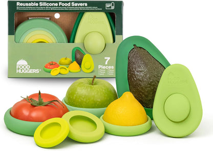 Food Huggers 7pc Gift Set Silicone Food & Avocado Savers Set | Reusable BPA Free Produce Storage | Airtight Seal for Onion, Tomato, Avocado, Lemon, Cans & More | Dishwasher Safe, Sage Green