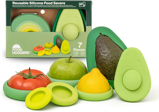 Food Huggers 7pc Gift Set Silicone Food & Avocado Savers Set | Reusable BPA Free Produce Storage | Airtight Seal for Onion, Tomato, Avocado, Lemon, Cans & More | Dishwasher Safe, Sage Green