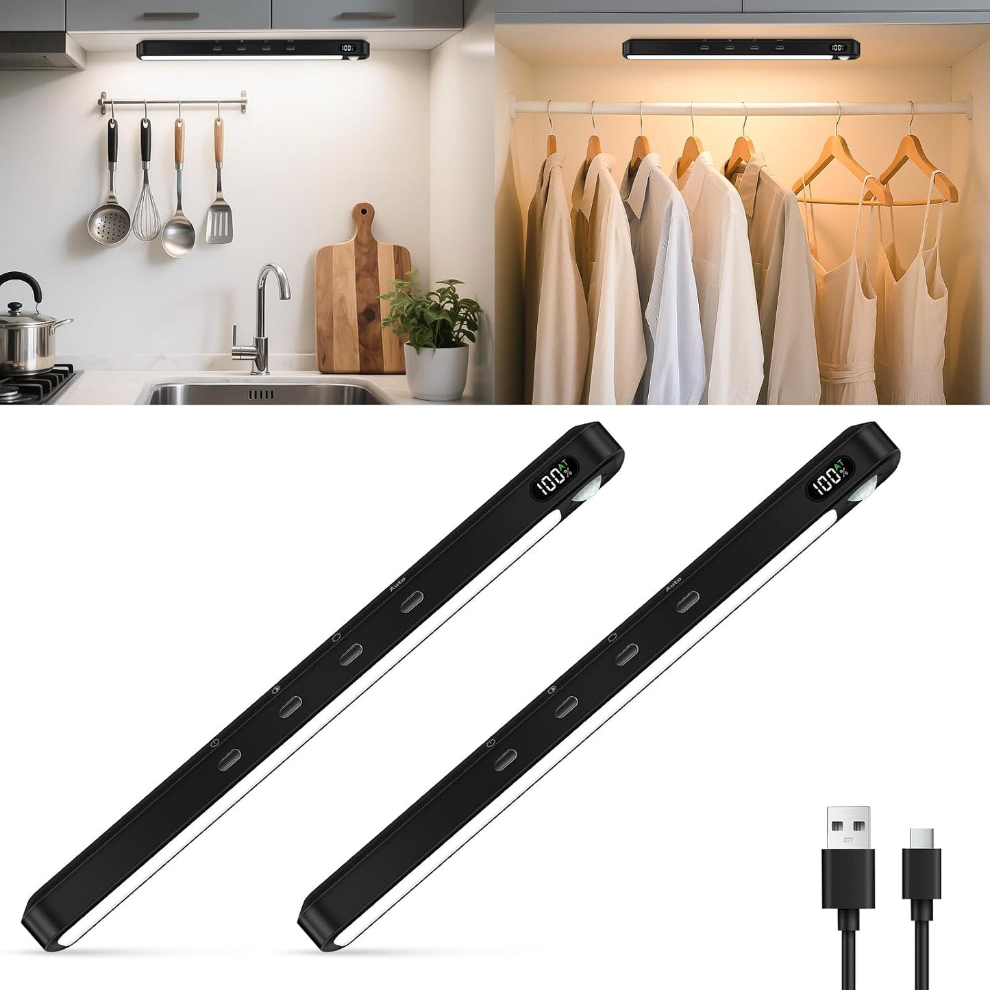 WILLED Under Cabinet & Closet Lights, Motion Sensor, Rechargeable, Magnetic, 3 Color Temps, Dimmable LED Light Bar for Indoor Kitchen Counter (4 Pack, White)