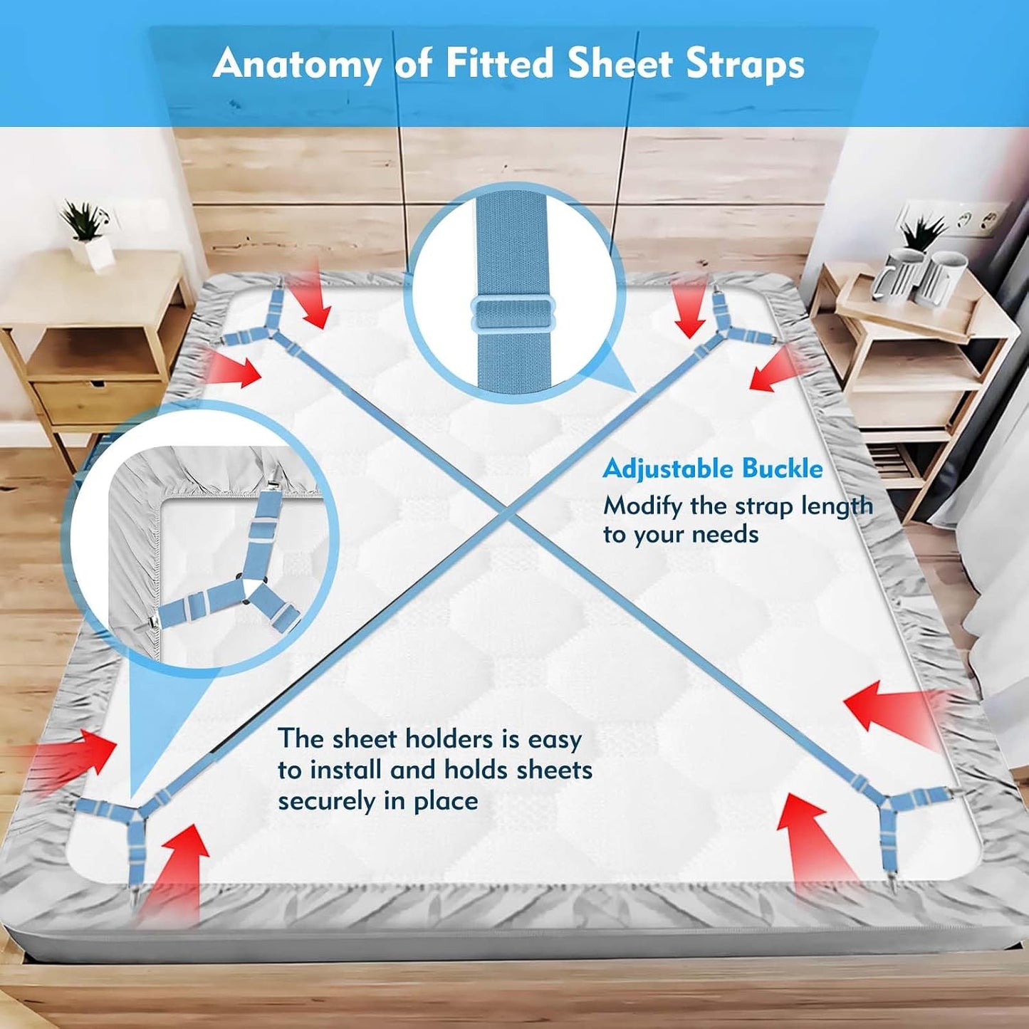 Bed Sheet Straps, 2Pcs Elastic Adjustable Bed Sheet Holder Straps, Fitted Sheet Straps to Hold Sheets in Place with Metal Clips, Sheet Holders for Mattress Cover, Sheet, Sofa Cushion (Black)