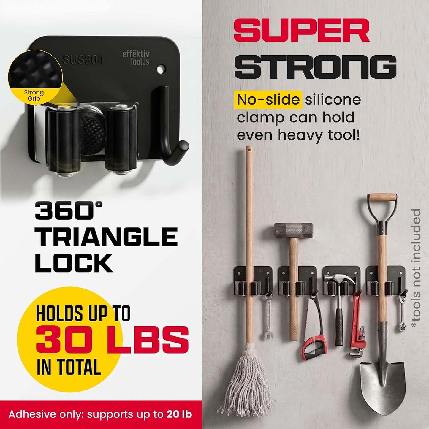 Wall Mount Hanger for Brooms & Mops - Adhesive Stainless Steel Mops & Broom Holder, 4 Clamps, 3 Hooks, & 5 Towel Hanger Clips Including Mounting Hardware for Utility Room Organization