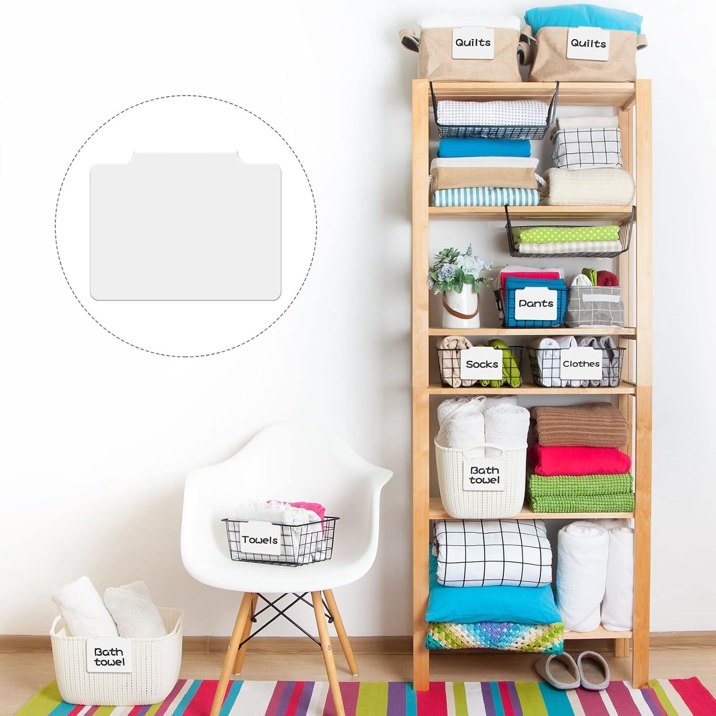 18 Pcs White Basket Labels Clip on, Removable Hanging Bin Labels for Storage Bin with Chalk Markers for Basket Kitchen Pantry