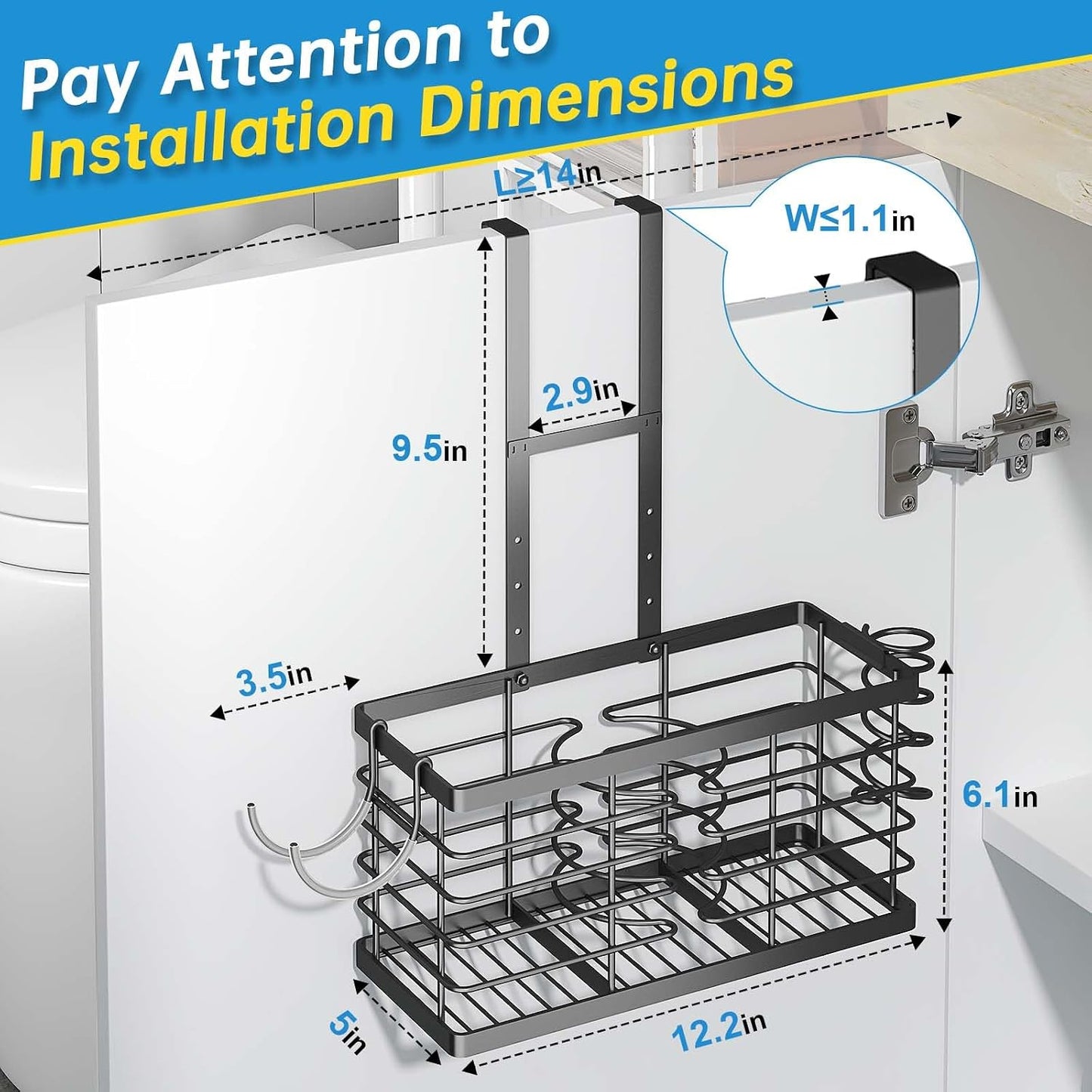 2026 Upgraded 3-in-1 Universal Hair Tool Organizer, XL Size, Black | Adjustable Height Metal Hair Dryer Holder, Wall Mounted, Over Cabinet Door, Countertop, Bathroom Storage