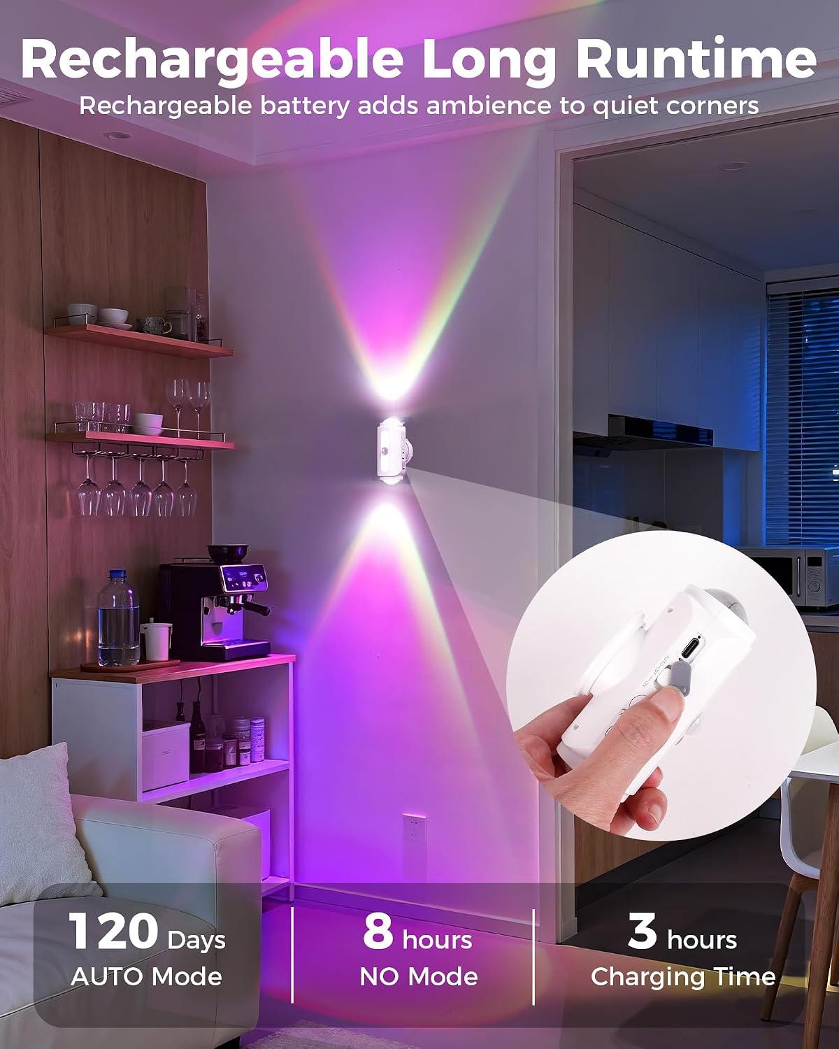 Motion Sensor Wall Light, Rechargeable Peel and Stick on Sconce Set of 2 | Wireless No Drill RGB Wall Lamps, Magnetic Battery Operated Indoor Lighting for Hallway, Stairs, Bedroom, Bathroom, Bar Decor
