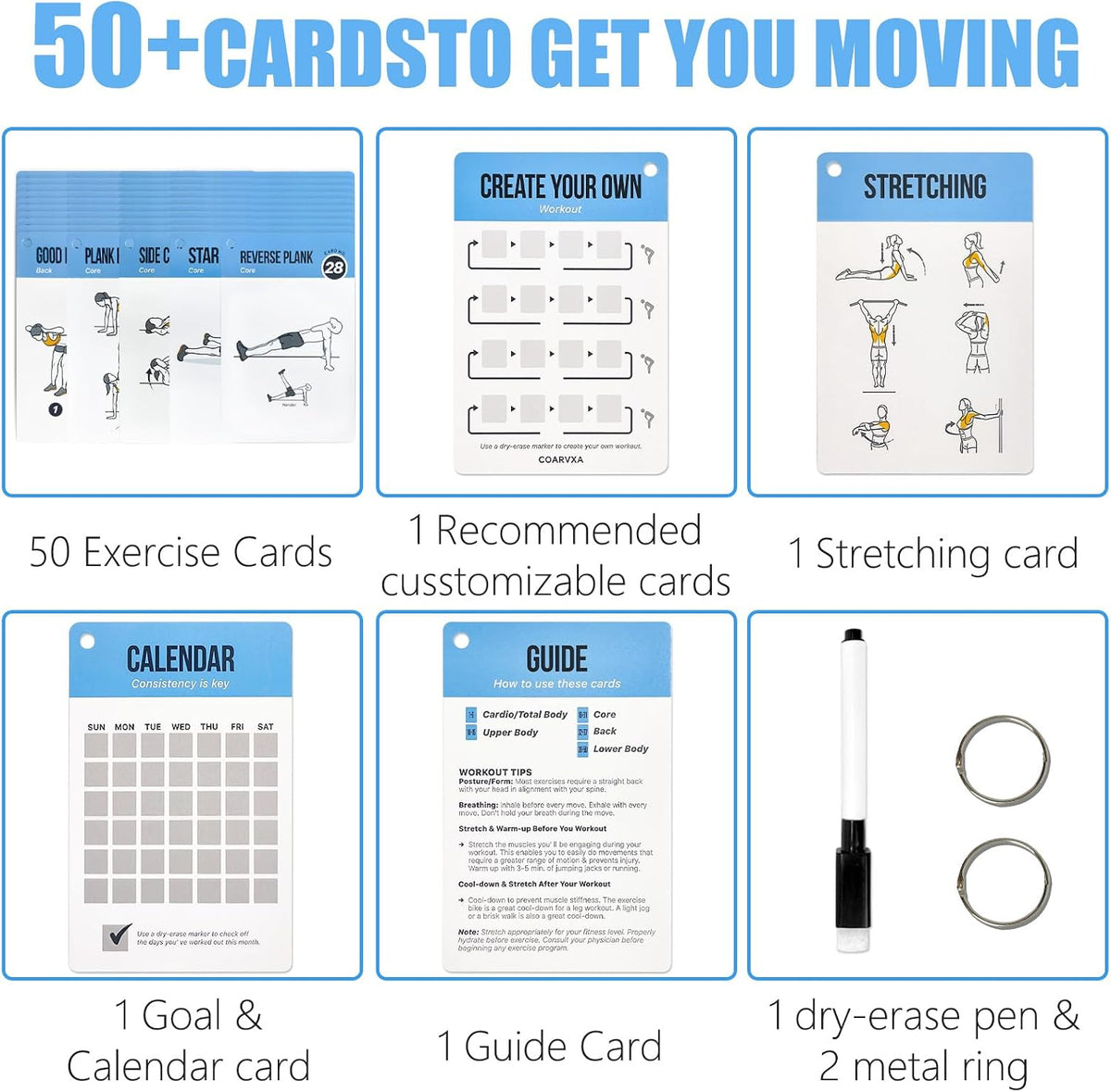 Bodyweight Workout Cards for Women & Men-50 Bodyweight Workout Cards，Includes 2 Rings& Dry-Erase for Easy Organization-Home, Gym or Studio (Bodyweight)