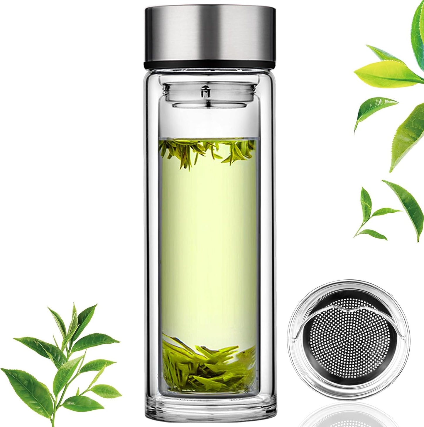 PARACITY Glass Water Bottle with Tea Infuser, 12 oz Double Wall Tumbler | Removable stainless steel filter and silicone seal suit loose leaf, flower or herbal brewing in a wide-mouth tea infuser mug