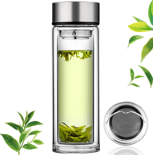 PARACITY Glass Water Bottle with Tea Infuser, 12 oz Double Wall Tumbler | Removable stainless steel filter and silicone seal suit loose leaf, flower or herbal brewing in a wide-mouth tea infuser mug