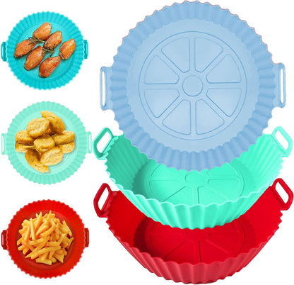 2 Pack Air Fryer Liners,8 Inch Silicone Airfryer Liners,Air Fryer Accessories,Reusable Baking Tray Oven Accessories,Replacement of Flammable Parchment Paper (Red Blue) (Black&Red&Blue)