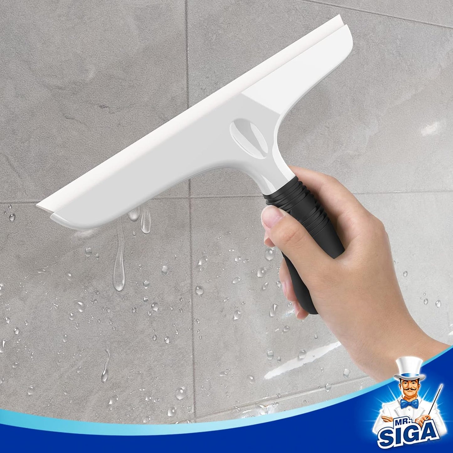 MR.SIGA Silicone Squeegee for Shower Doors, 10 inch, White & Gray, 2 Pack | Shower squeegee for glass doors, streak free squeegee for windows, showers and glass surfaces, includes suction hook