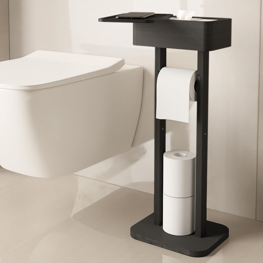 4-in-1 Black Toilet Paper Holder Stand with Storage Shelf Box, 360° Rotating Bamboo Free Standing Toilet Tissue Roll, Toilet Wipes Dispenser Organizer, Temporary Desktop for Bathroom (Patent) | 360° Rotating Bamboo Free Standing Toilet Tissue Roll,