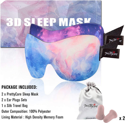 PrettyCare 3D Sleep Mask 2 Pack,Eye Mask for Side Sleeper 3D Contoured Sleeping Mask Blackout Out for Men- Blindfold Airplane with Ear Plugs, Night Masks with Travel Bag (Black&Blue)