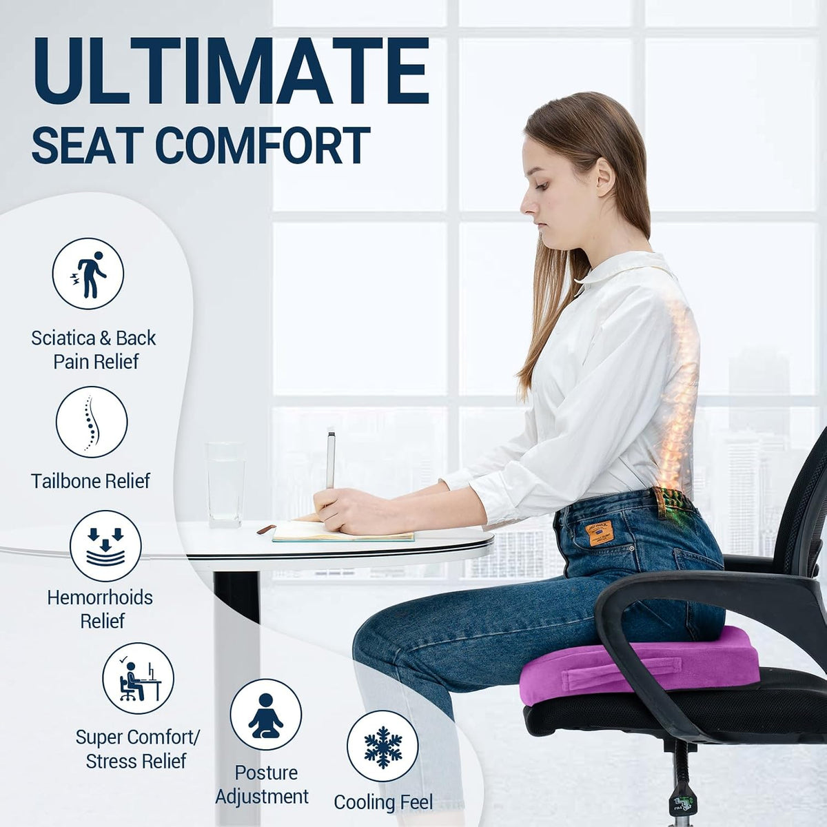Season Guard Gel Memory Foam Seat Cushion for Tailbone Pain Relief, Black