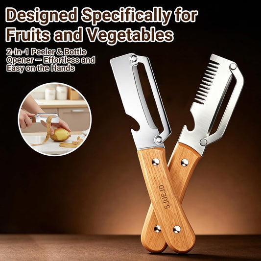 Multifunctional Vegetable Peeler and Julienne Peeler, Stainless Steel Shredder with Wooden Handle and Bottle Opener for Potatoes Carrots Cucumbers Cabbage and Fruit (1Pc)