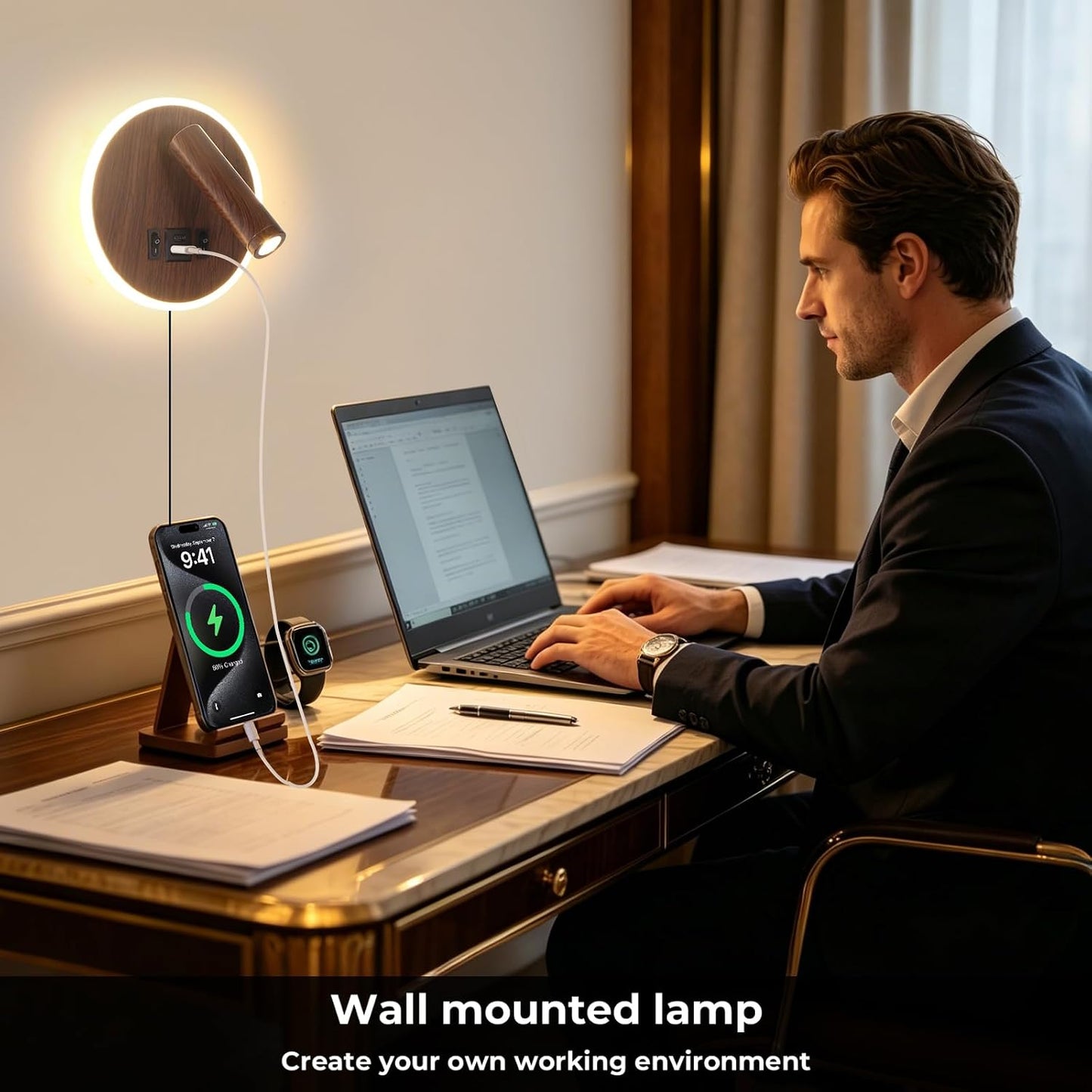 Plug in Wall Sconce with Wall Mounted Reading Lights with Switch | Wall Lamp for Bedroom with Charging Station USB C+A Ports,Bunk Bed Lights with 3W+9W Night Light,Walnut Color Reading Light