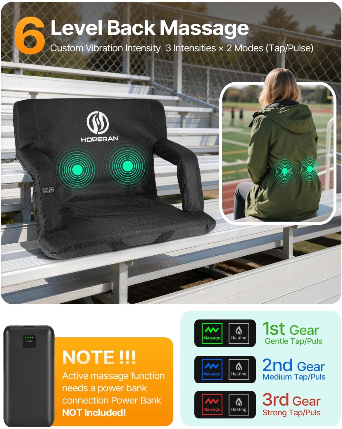 HOPERAN Massage Heated Stadium Seats for Bleachers, Dual Control, Portable | Back Massage, Seat Heated (Battery Not Included), Lumbar Pillow, 6 Recliner, Soft Cushion, Anti-Slip Stability, Side Pockets