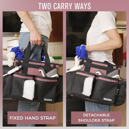 SCAVATA Compact Wearable Cleaning Caddy with Handle & Shoulder Straps | Small Cleaning Supplies Organizer, Under Sink & Car Cleaning Tools Storage Bag for Housekeepers Cleaners, Black