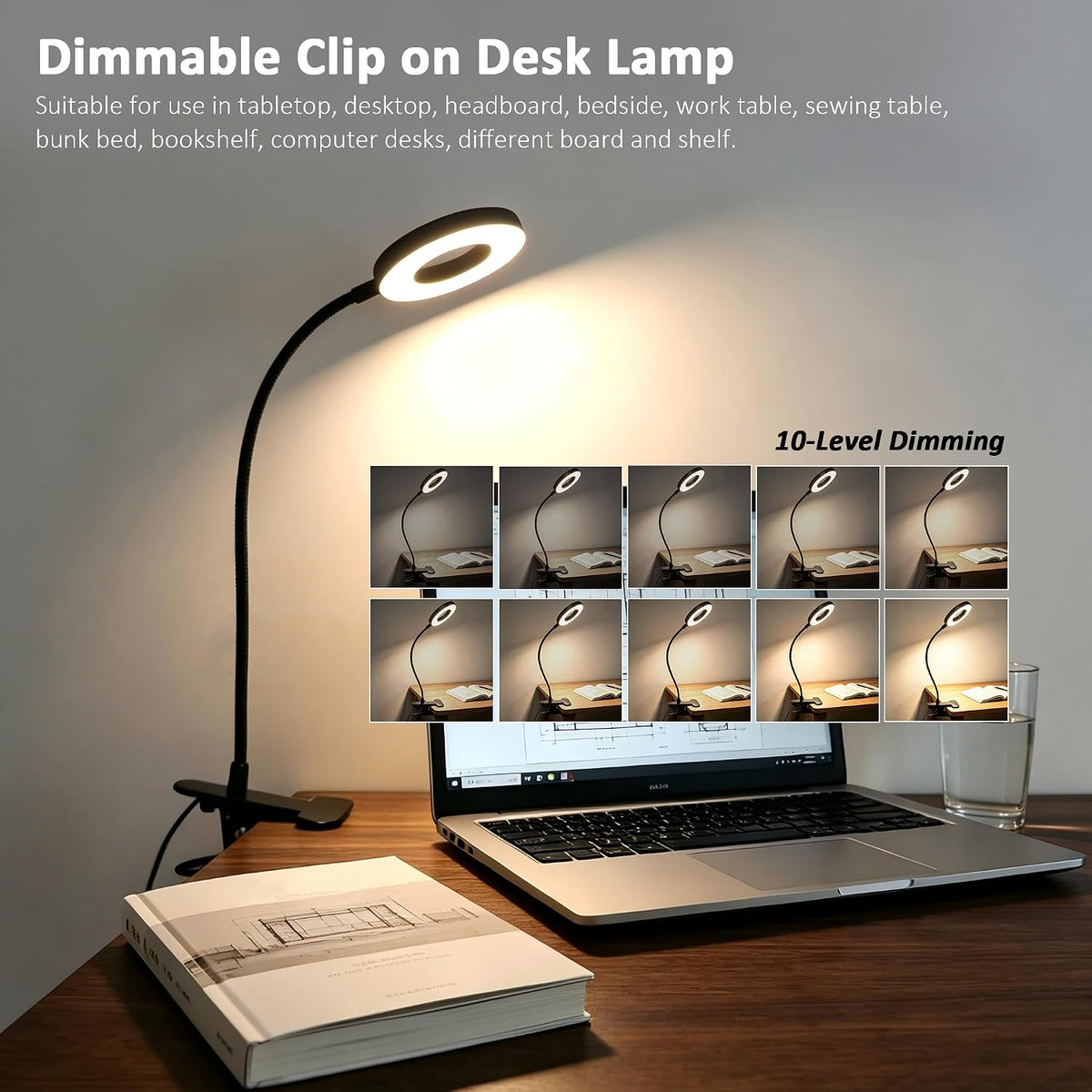 Akynite Desk Lamp Clip on Light, 48 LED Clamp Lamp, 5 Color 10 Brightness