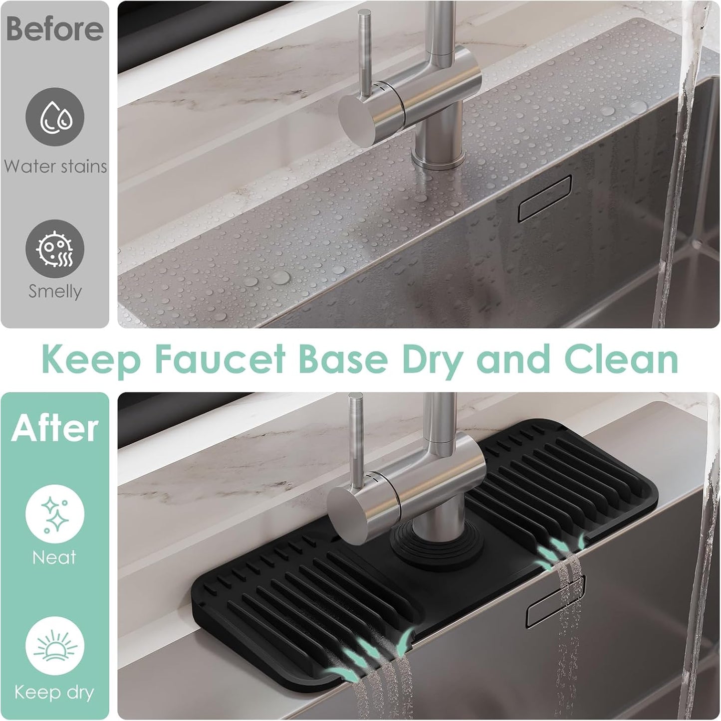 24-Inch Silicone Faucet Mat for Kitchen Sink Splash Guard, 7° Slope | 24"x5.5" water draining mat with fasten button; 1.6-2.75" customizable hole for bathroom, RV & kitchen sink drip catcher.
