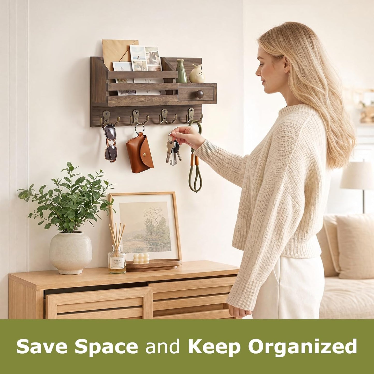 Key Holder Wall Mount, Wooden Key and Mail Organizer, Black | 2 Mount Options, Includes 8 Hooks, Fence Mail Slot, Small Drawer and Shelf, for Entryway, Hallway, Doorway, Living Room, RV