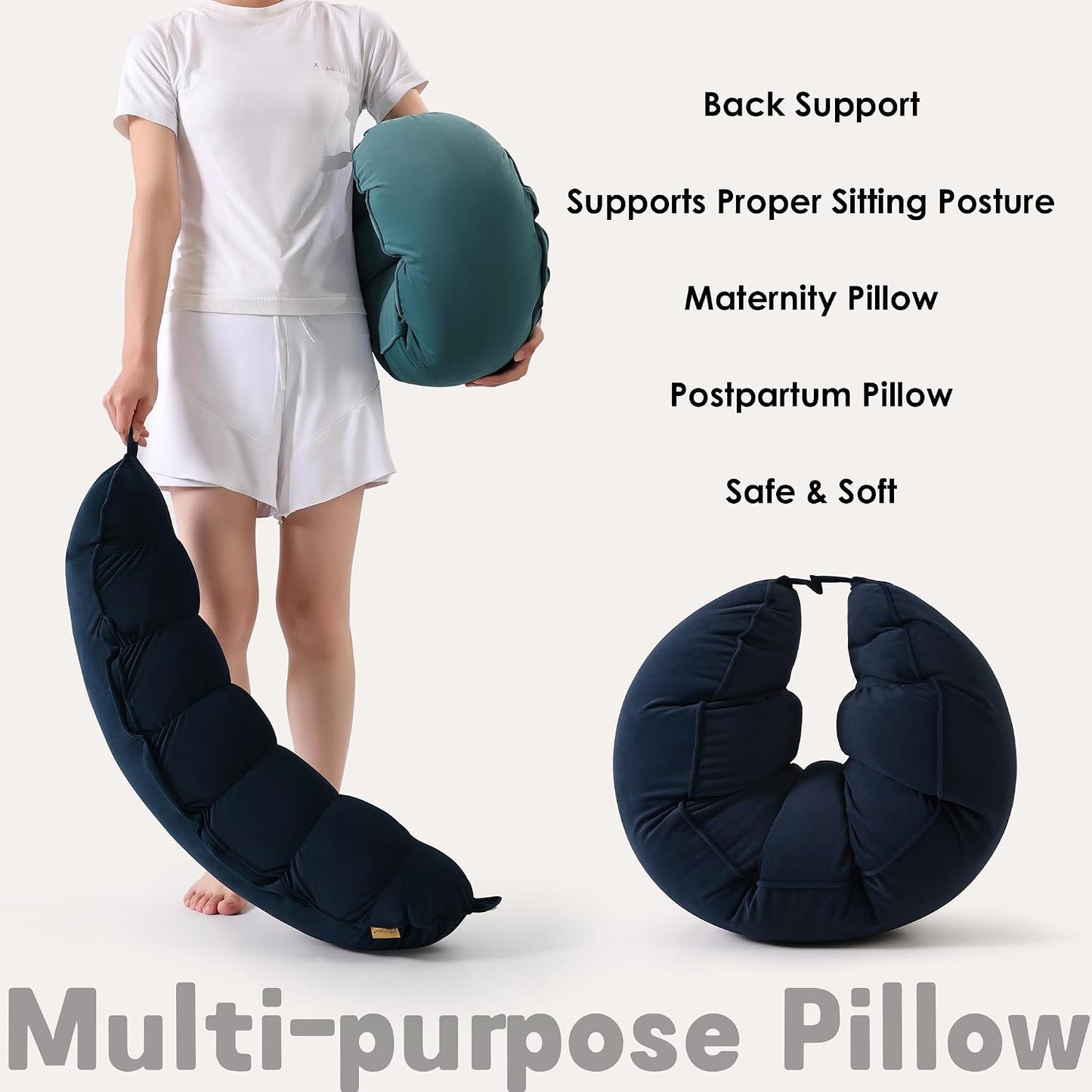 Peallow(Pat. Pend) – Long Round Body Pillow for Adults, Bolster Pillow for Sleeping, Soft and Supportive Pillow for Sleeping & Lumbar Support (Green-White, 29.5")