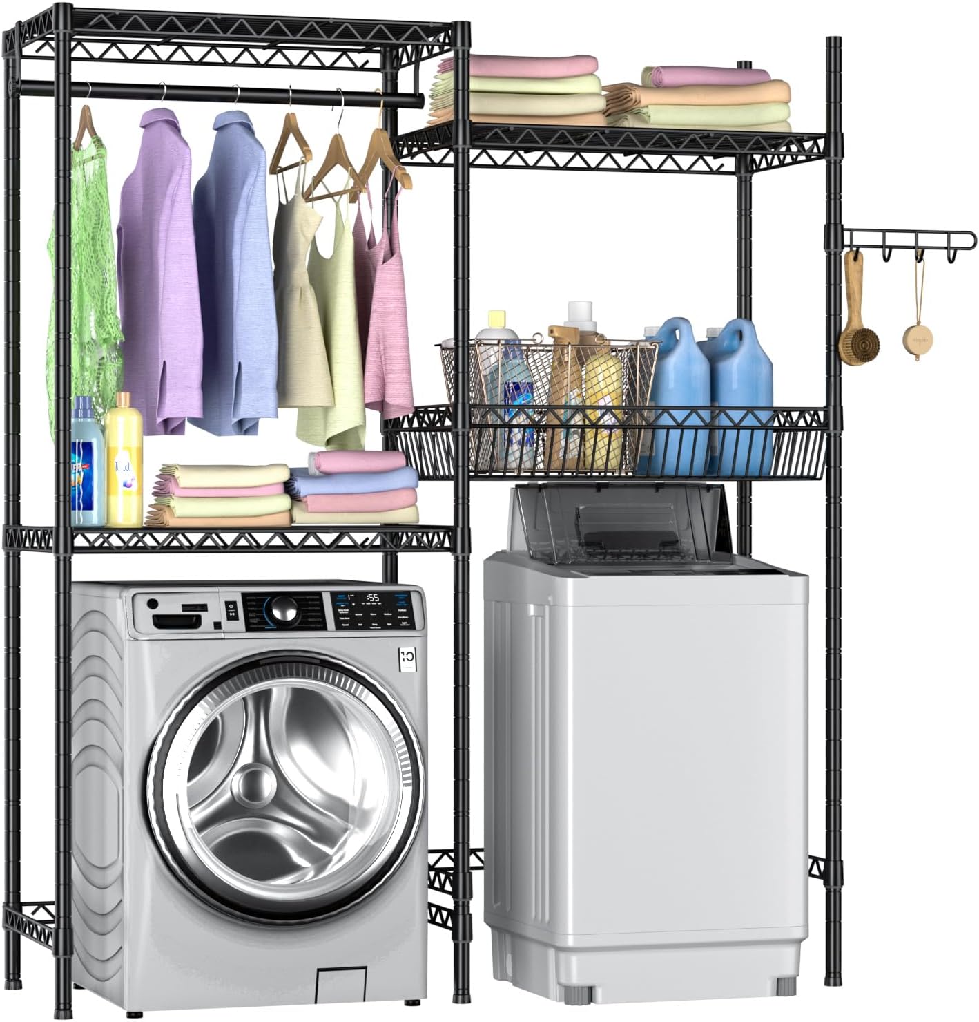 Golpart Laundry Organizer Shelves Over the Washer and Dryer Storage Shelf | Heavy Duty Laundry Room Organization Clothes Drying Rack Adjustable Height Wire Shelving and Wire Basket with Hanger Rod