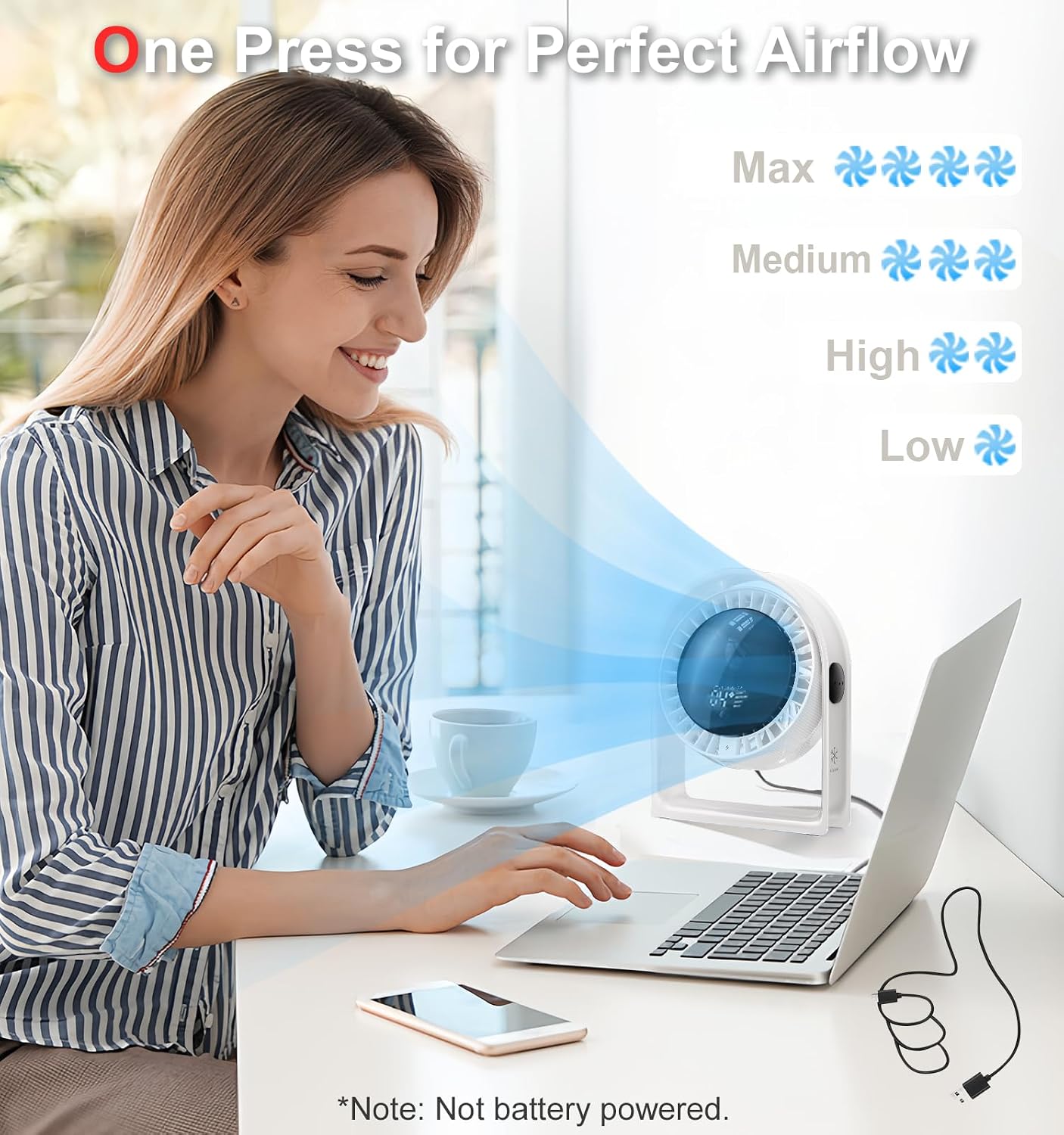 2026 Quiet USB Desk Fan,4 Speeds, 120°Tilt, table Fan for bed & Office | Air Circulator Mini Fan Bedroom,Translucent Black, Portable Smart Display Fan,Low Noise,7 Blades,Cool Room In 3 Mins