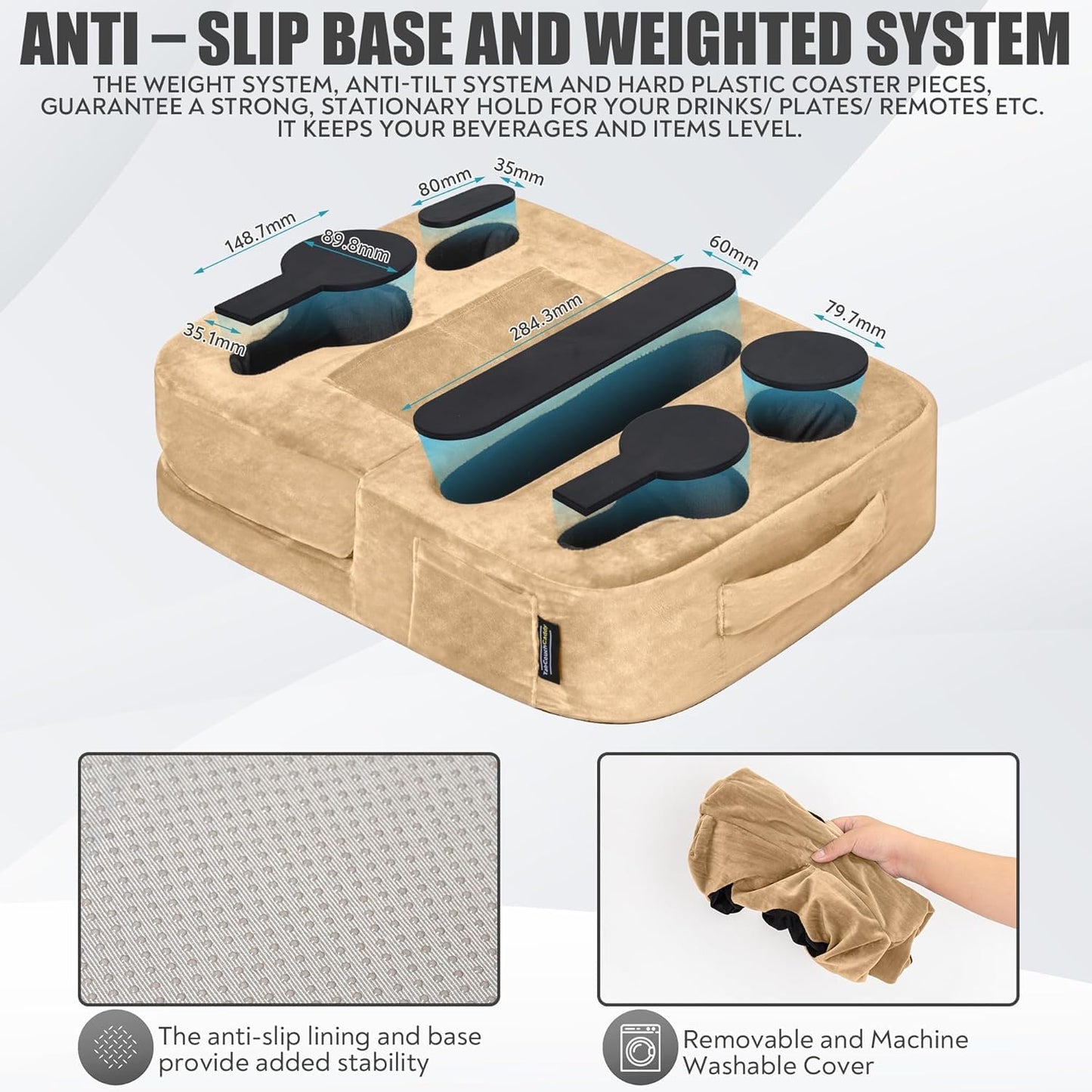 Couch Cup Holder Tray Pillow - Bed, Couch Caddy, Sofa, RV & Car - Holds Drinks, Snacks, Remotes, Phones, Kindle, Tablet | Bed Cup Holder (Grey)