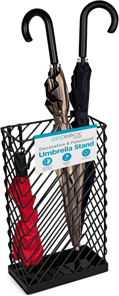 BIRDROCK HOME Decorative Umbrella Stand with Removable Water Tray - Large Freestanding Umbrella Rack and Cane Walking Stick Organizer - Metal Umbrella Holder for Entryway & Indoor Use - Black, Striped | Decorative Large Freestanding Rack and Cane Walking