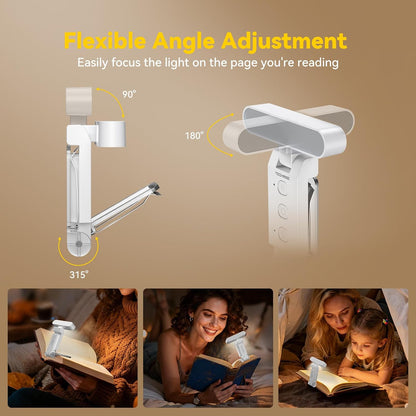 TechRise Book Light, Clip-on Reading Light for Books in Bed, Rechargeable Reading lamp, Eye-Caring with Timer, 5 Color Temps & 6 Brightness, 80+ Hrs, Perfect for Kids, Book Lovers, Black