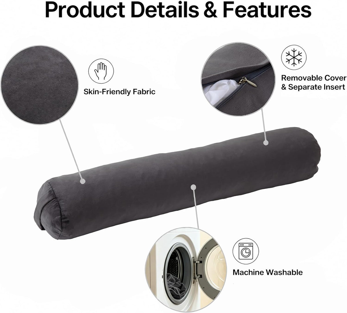 Velvet Bolster Pillow for Adults, Long Round Body Pillow for Bed, 76x7.87