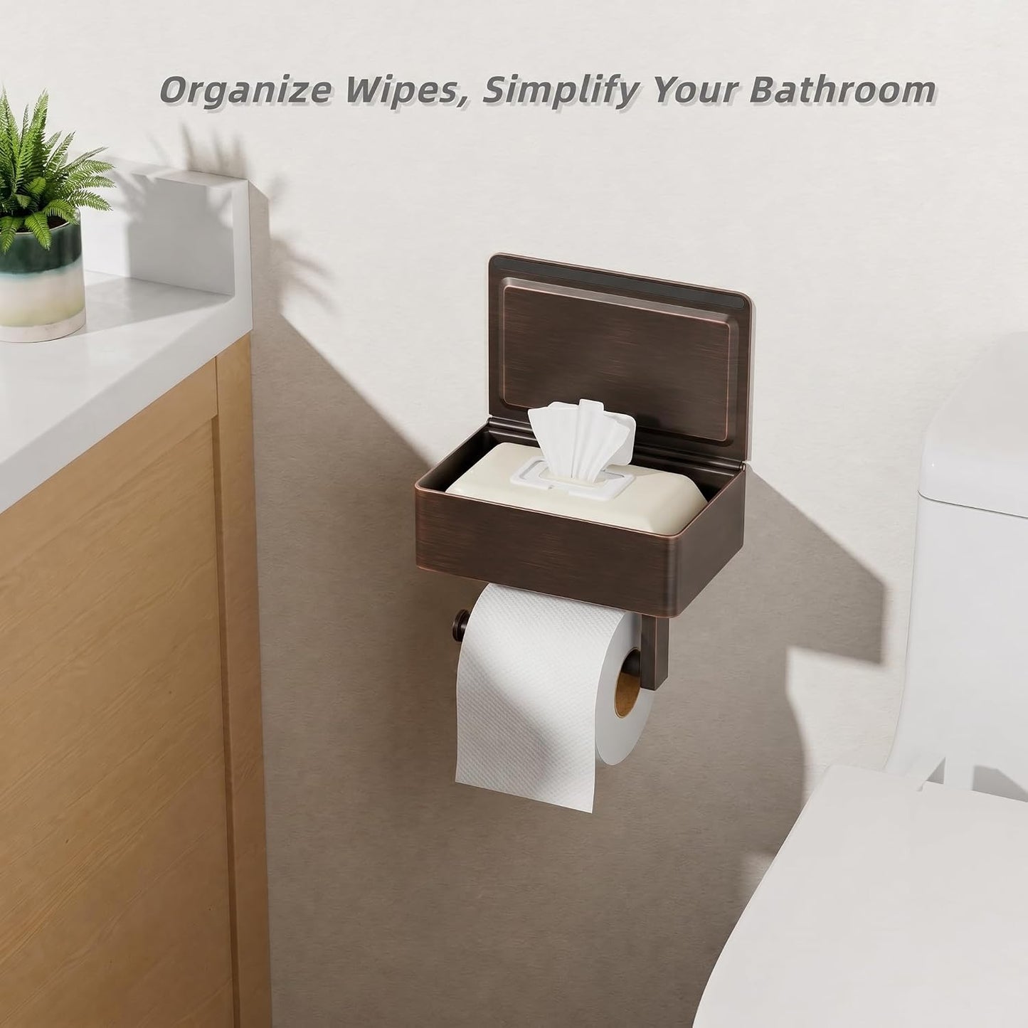 FORIOUS Toilet Paper Holder with Shelf, Wall-Mounted Modern Wipes Dispenser | Brushed Nickel | Toilet Paper Holder with Storage for Bathroom | Fits Wipes, Sanitary Napkin, Tampon | 8.0"x5.3" Large Shelf