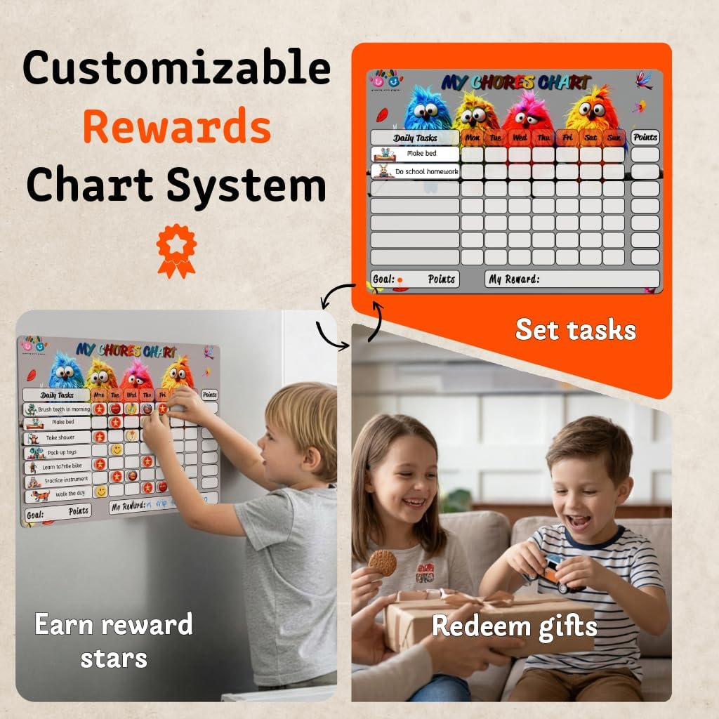 Mimi Doodle Magnetic Chore Chart for Kids – 16x12 Dry Erase Daily Responsibility Board for Fridge with 39 Chore tabs, 100 Reward Stickers – Behavior Chart for Kids at Home – Simple Theme