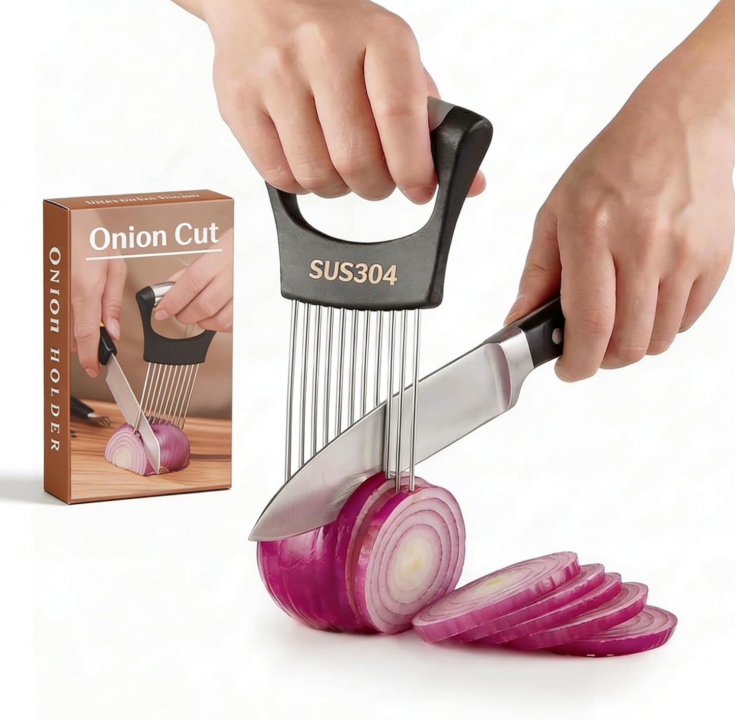 304 Stainless Steel Onion Holder & Slicer - Multi-Fruit Vegetable Fixing Tool with Sharp Prongs for Tomato, Lemon, Avocado - Safe Kitchen Gadget