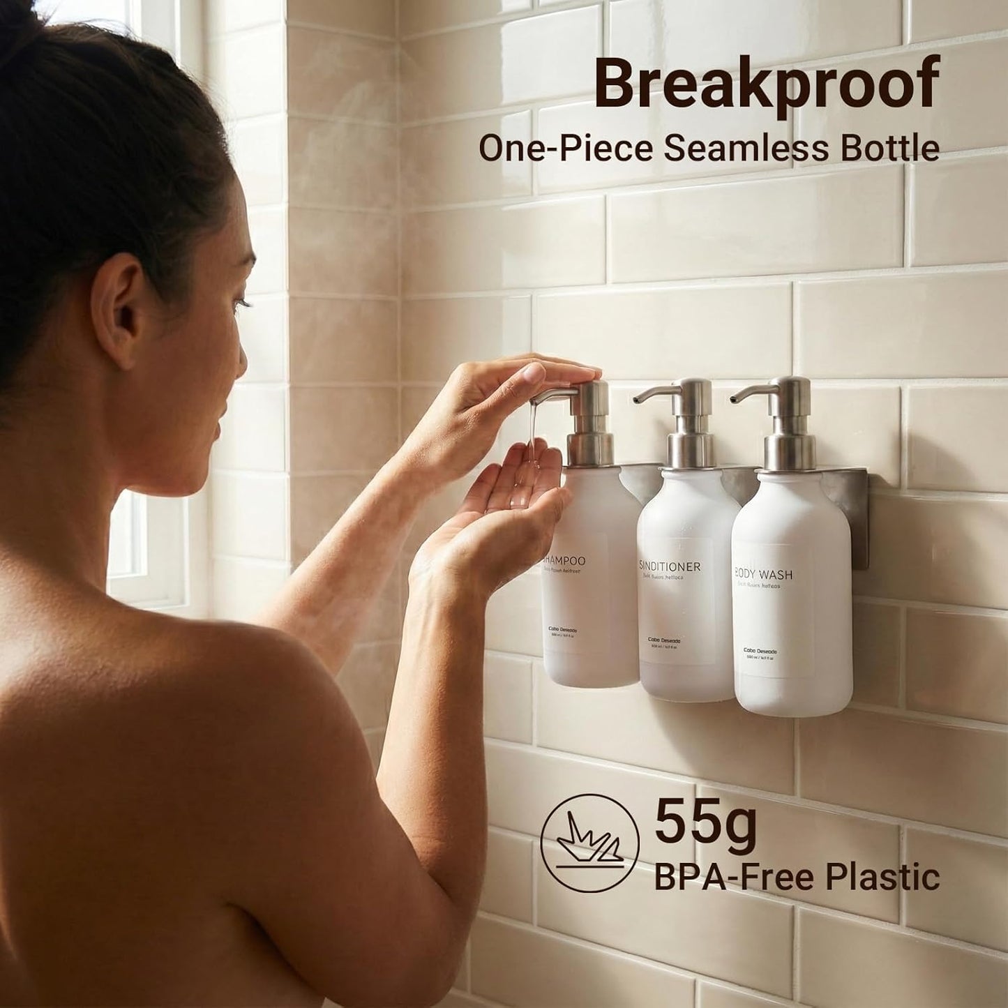 Shampoo and Conditioner Dispenser - Shower Soap Dispenser 3 Chamber No Drill - Bathroom Soap Dispenser Wall Mount Adhesive - Clear PET Bottles with Nature Bamboo Pumps Set Refillable 1500ml