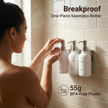 Shampoo and Conditioner Dispenser - Shower Soap Dispenser 3 Chamber No Drill - Bathroom Soap Dispenser Wall Mount Adhesive - Clear PET Bottles with Nature Bamboo Pumps Set Refillable 1500ml