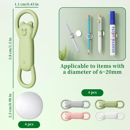 4 Pcs Magnetic Pen Holder for Refrigerator, Silicone Adjustable Pen Pencil Holder, Cute Bear Design Silicone Flexible Pencil Holder for Whiteboards, Desk, Clipboard (Multi-Color)