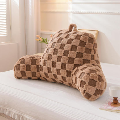 Aimuan Reading Pillow Checkered Bed Rest Wedge Backrest Checkerboard Pillow with Arms Back Support for Sitting Up in Bed Cushion Incline Rest Sleeping Snoring Pillow (Beige,Large)