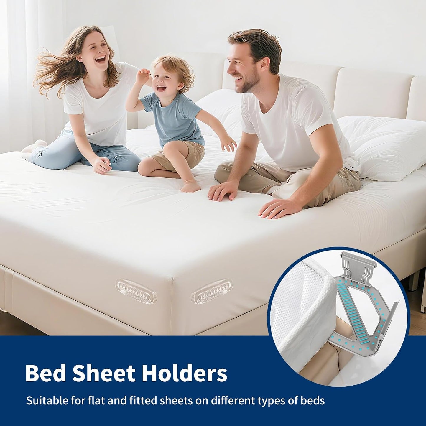 AMOVO Bed Sheet Holders for Corners Keep Sheets in Place Firmly - Foldable Fitted Sheet Holders Heavy Duty Sheet Locks Mattress Sheet Fasteners, Set of 4 Lock Sheet Clips (Snow-White)