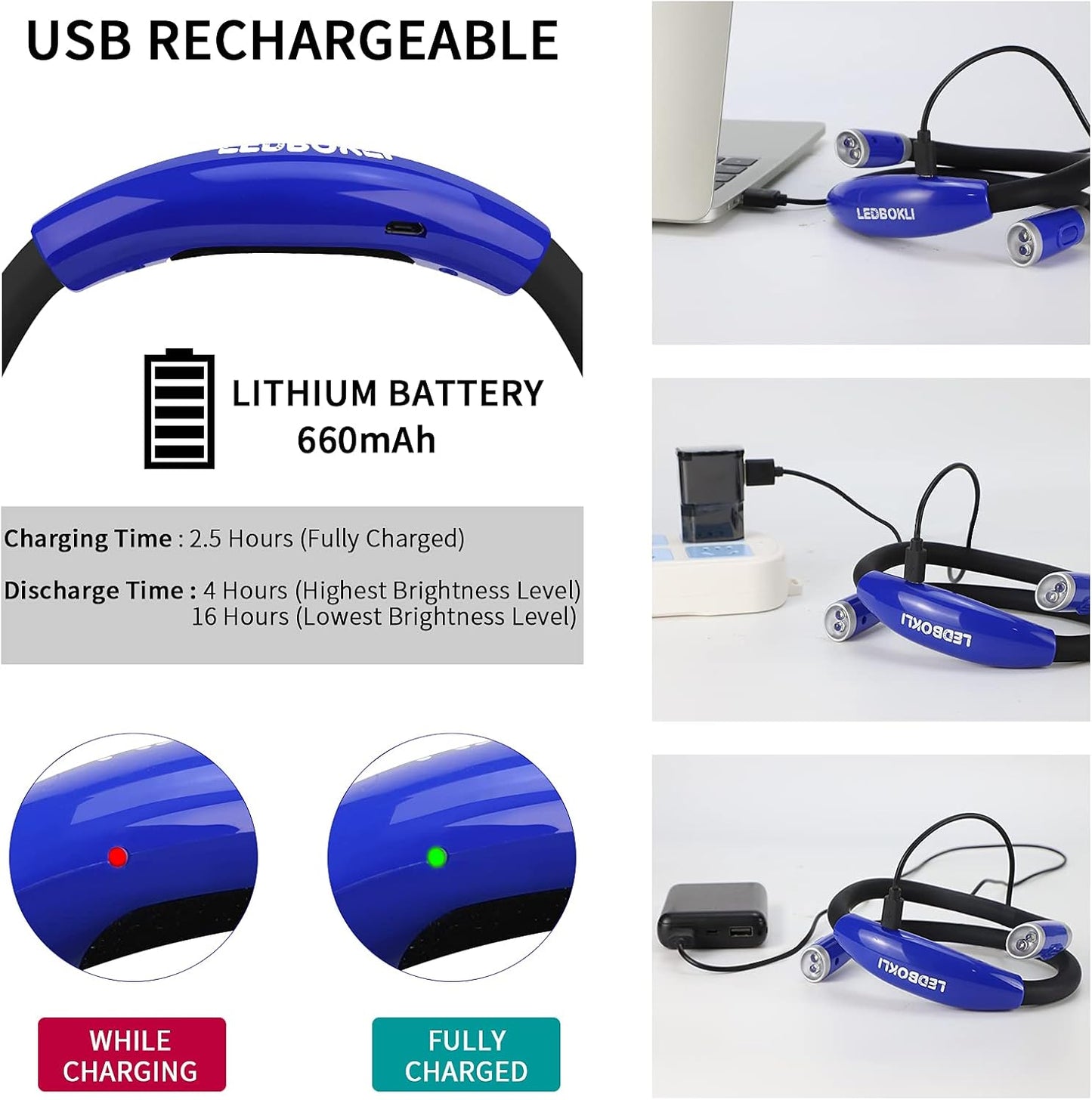 LEDBOLIK Neck Reading Light Blue, 660mAh Rechargeable Book Light for Reading in Bed – 6 Brightness, Bendable Arms, Hands Free for Knitting, Crocheting