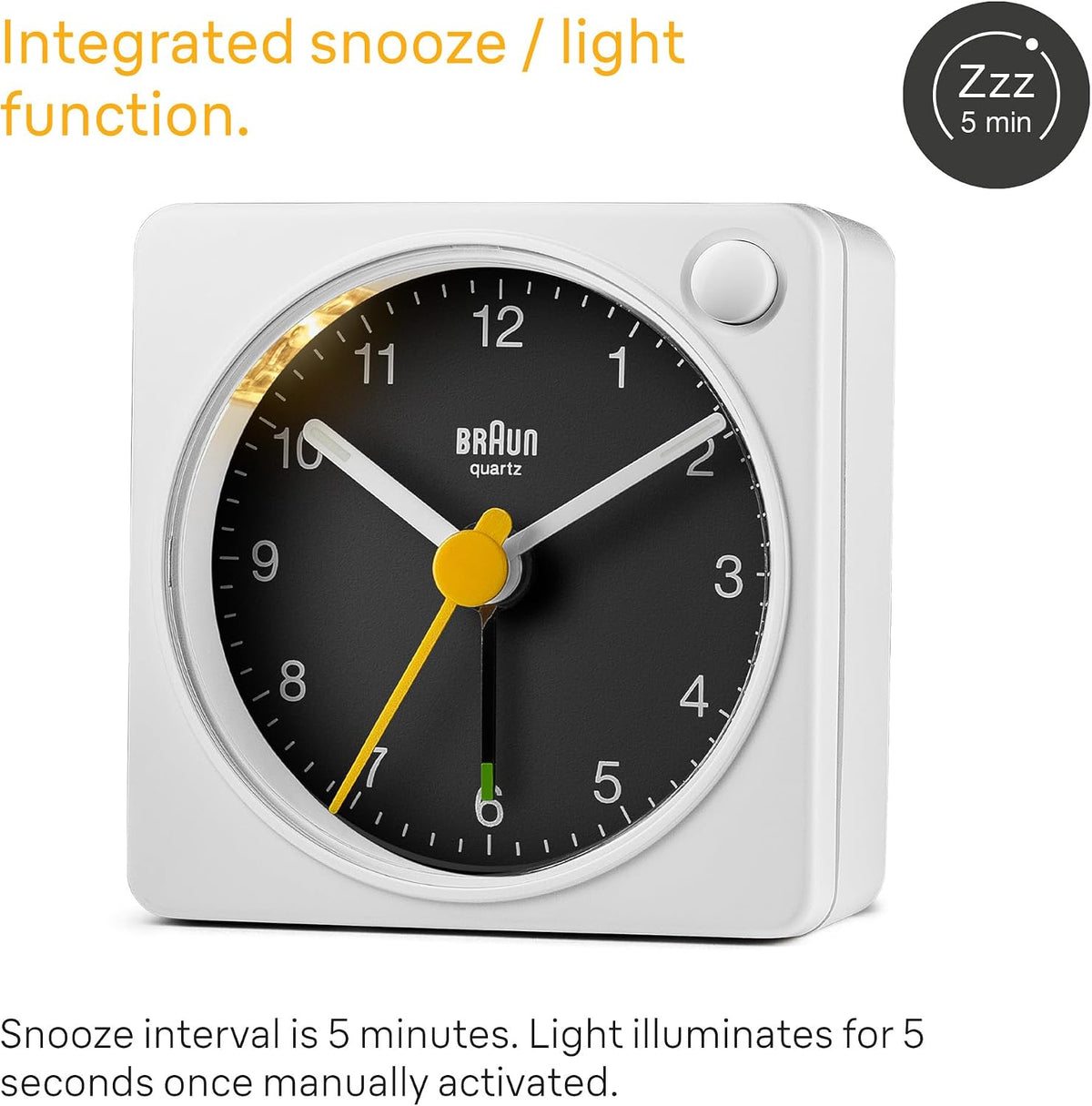 Braun Classic Travel Analogue Alarm Clock with Snooze and Light, Compact Size, Quiet Quartz Movement, Crescendo Beep Alarm in Black and White, Model BC02XBW.
