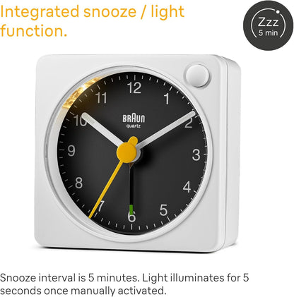 Braun Classic Travel Analogue Alarm Clock with Snooze and Light, Compact Size, Quiet Quartz Movement, Crescendo Beep Alarm in Black and White, Model BC02XBW.