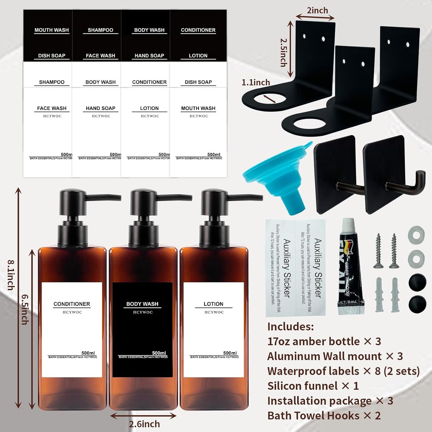 Shampoo Dispenser for Shower Wall, Shampoo and Conditioner Dispenser with 16 Waterproof Labels, No Drill Shower Soap Dispenser Bathroom, Shower Soap Dispenser Wall Mounted 3 Chamber, 17oz,Black | Shampoo Dispenser for Shower Wall, Shower Soap Dispenser
