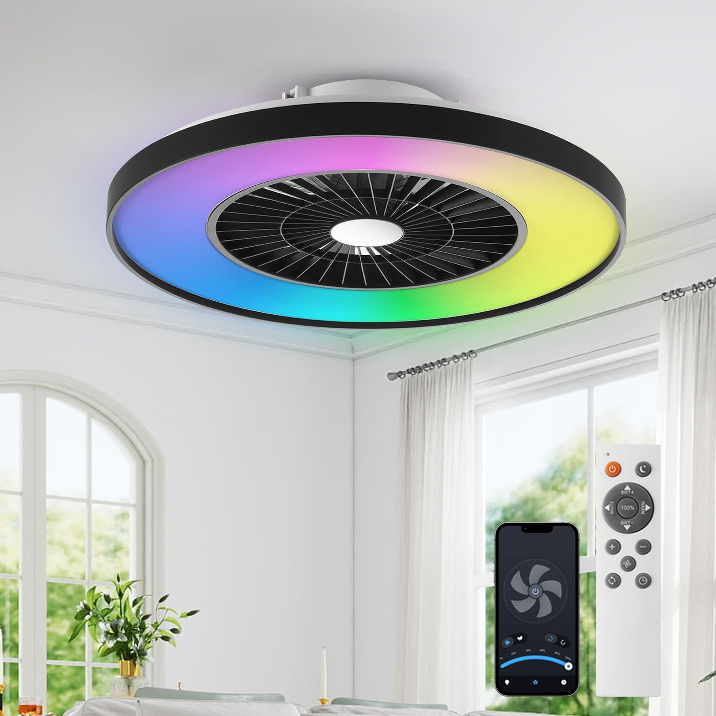 18.9" RGB Flush Mount Ceiling Fan with Light, 6 Speeds 3 Colors | Indoor Ceiling Fan · RGB+3CCT Dimmable · App/Remote Control · Quiet DC · 6-Speed Reversible · Flush Mount 18.9" · Kids Room