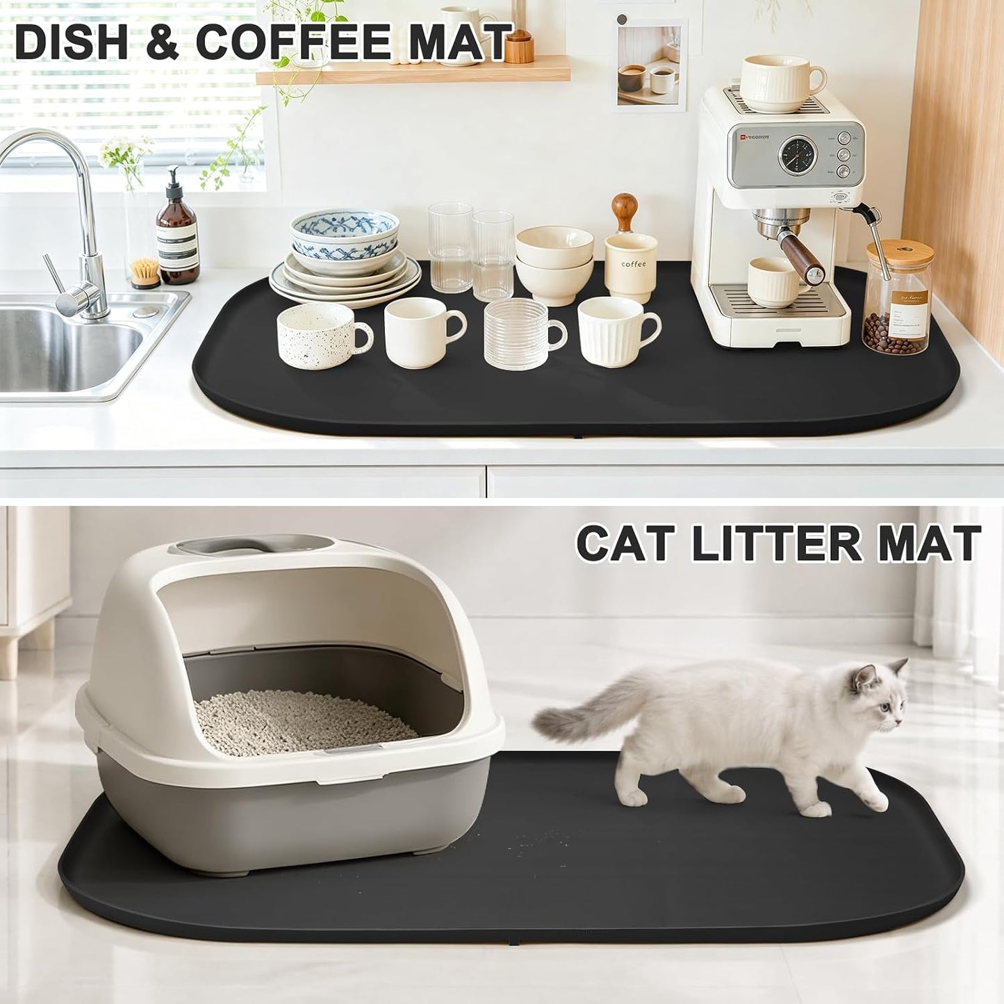 SMILOOL Waterproof Silicone Pet Food Mat with Raised Edge for Dog & Cat | 19" x 12" Non-Slip Pet Feeding Mats with Lip for Food & Water Bowl, Food Grade, Easy Cleaning, Black